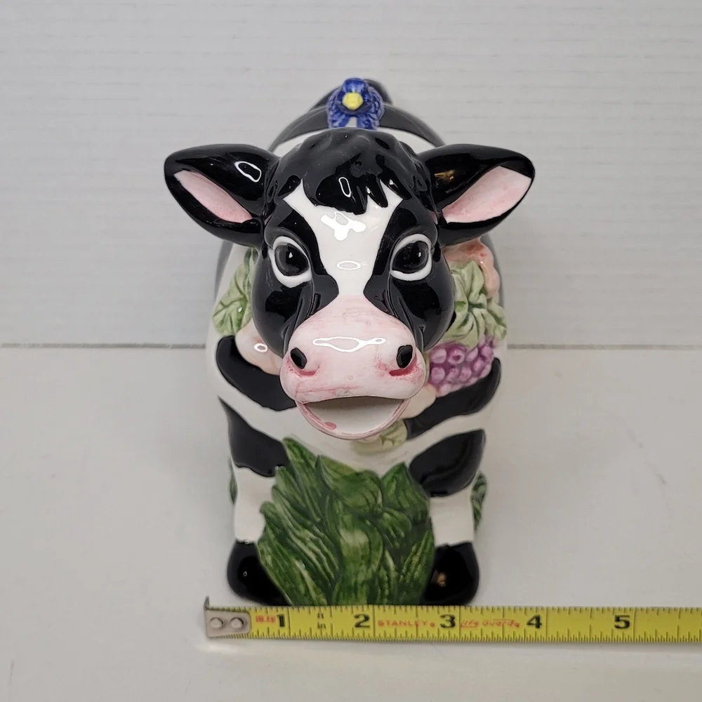 Black White Holstein Cow Teapot with Blue Bird on Back Vintage Wangs Intl Cerami